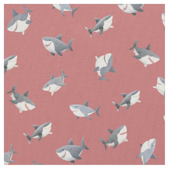 Tossed Watercolor Sharks on Faded Red Fabric (Close Up)