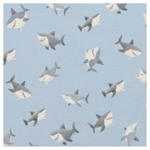 Tossed Watercolor Sharks on Light Blue Fabric