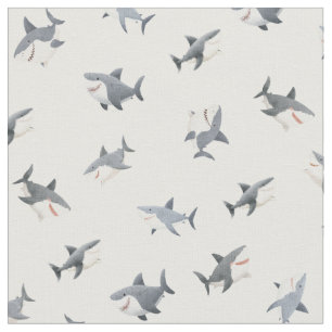 Tossed Watercolor Sharks on White Fabric