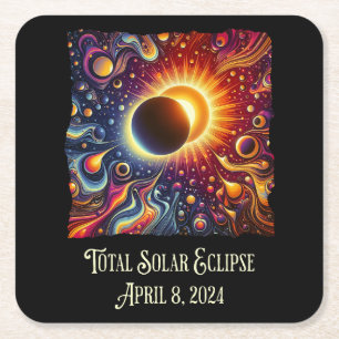 Total Eclipse 2024 Retro Groovy 60's 70's vibe Square Paper Coaster