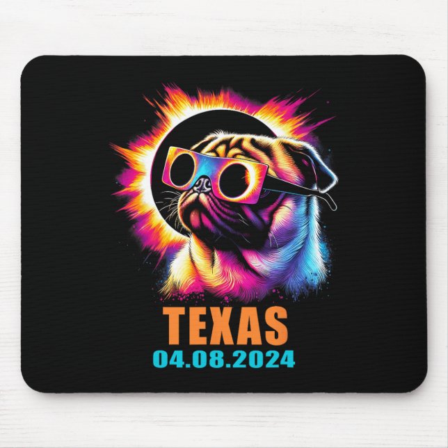 Total Solar Eclipse 2024 Pug Dog With Gles  Mouse Pad (Front)
