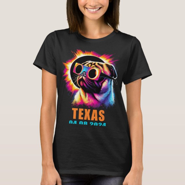 Total Solar Eclipse 2024 Pug Dog With Gles  T-Shirt (Front)