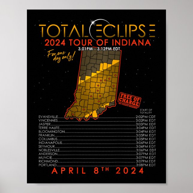 Total Solar Eclipse 2024 Tour Of Indiana April 8th Poster (Front)