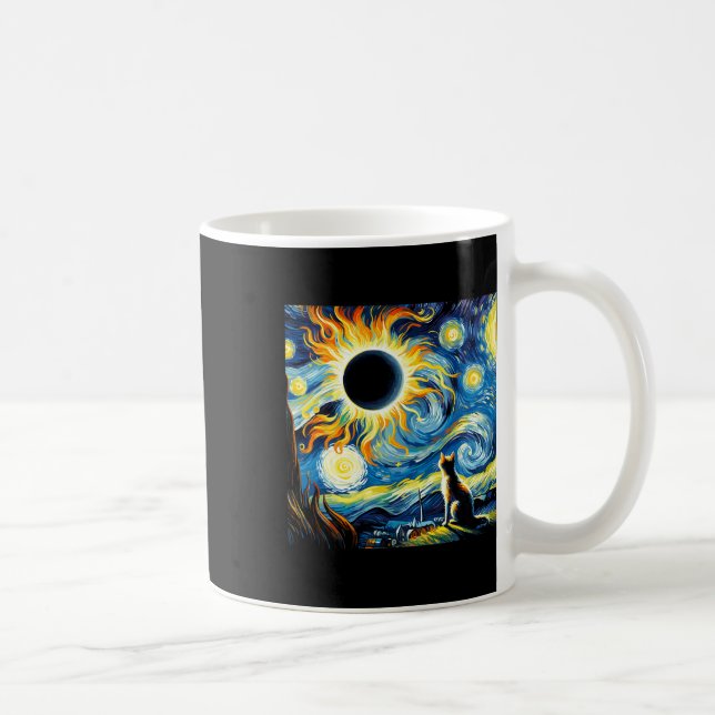 Total Solar Eclipse 2024 Van Gogh Starry Night Cat Coffee Mug (Right)