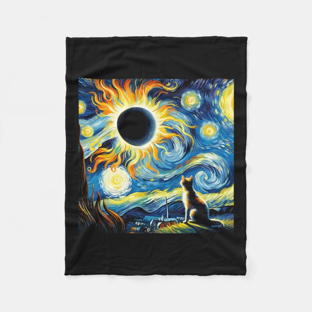 Total Solar Eclipse 2024 Van Gogh Starry Night Cat Fleece Blanket (Front)