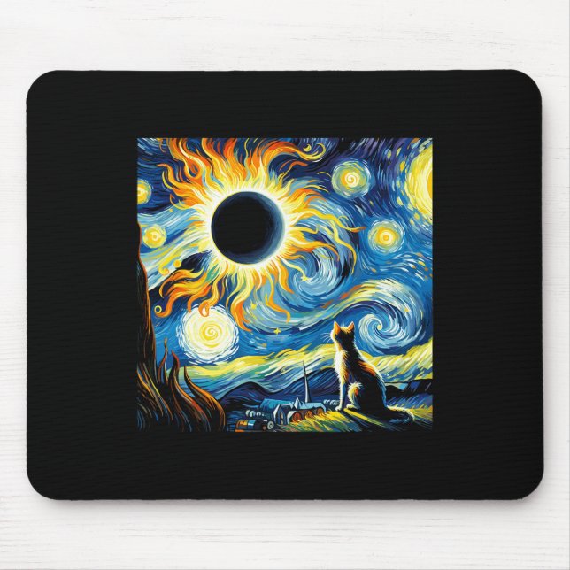 Total Solar Eclipse 2024 Van Gogh Starry Night Cat Mouse Pad (Front)