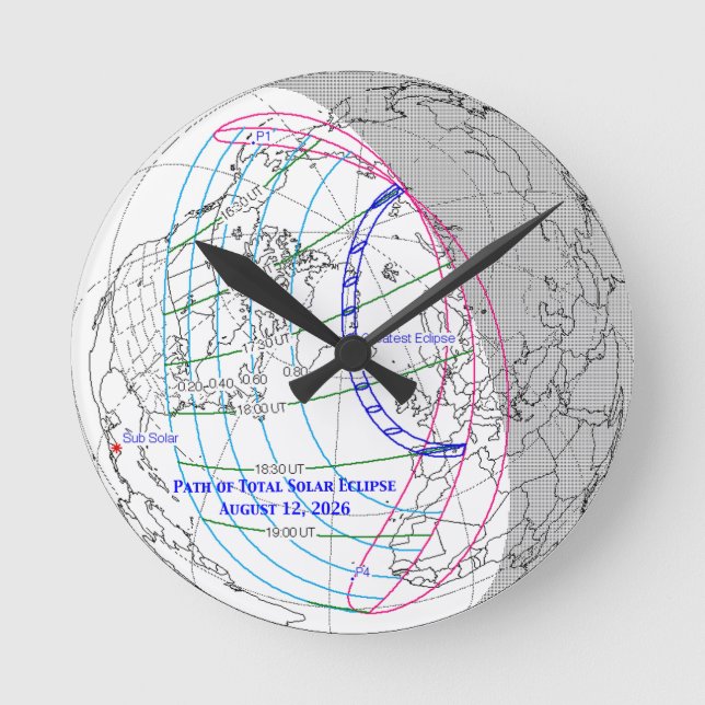 Total Solar Eclipse 2026 Map Round Clock (Front)