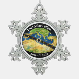 Total Solar Eclipse 2027 Map Snowflake Pewter Christmas Ornament