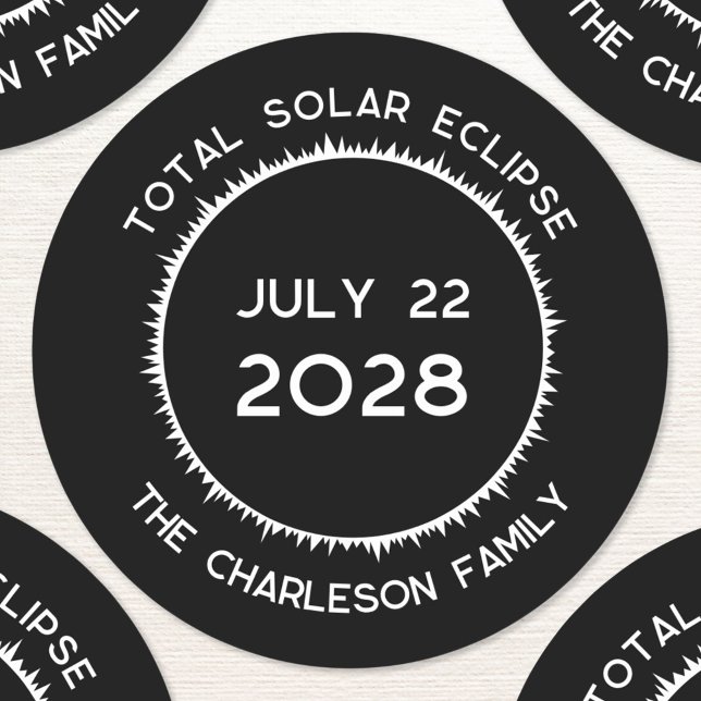 Total Solar Eclipse 2028 Personalised  Classic Round Sticker (Total solar eclipse July 22nd 2028 Australia New Zealand custom text personalized name sticker)