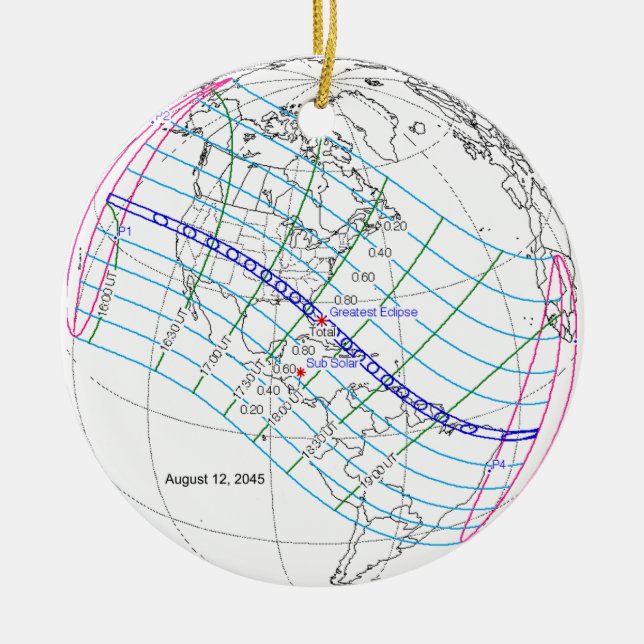 Total Solar Eclipse 2045 Global Path Ceramic Tree Decoration (Front)