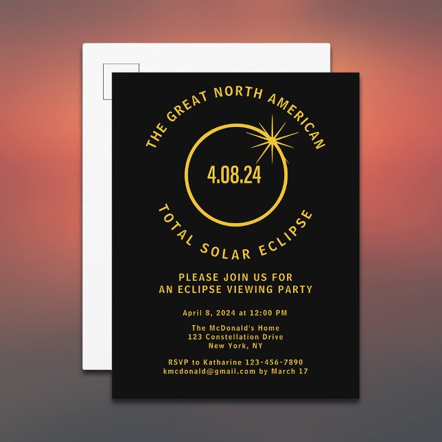 Total Solar Eclipse 4/8/2024 USA Viewing Party Invitation Postcard (Add your event details to custoize your Eclipse viewing event)