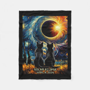 Total Solar Eclipse April 8 2024 Van Gogh Cat Love Fleece Blanket