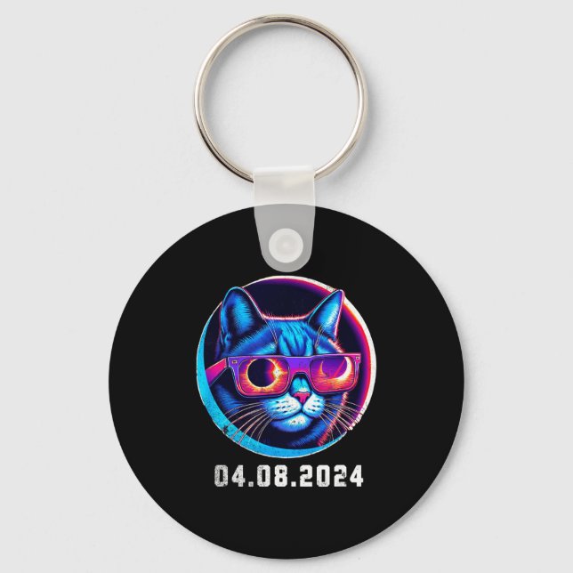 Total Solar Eclipse Cat Retro Key Ring (Front)