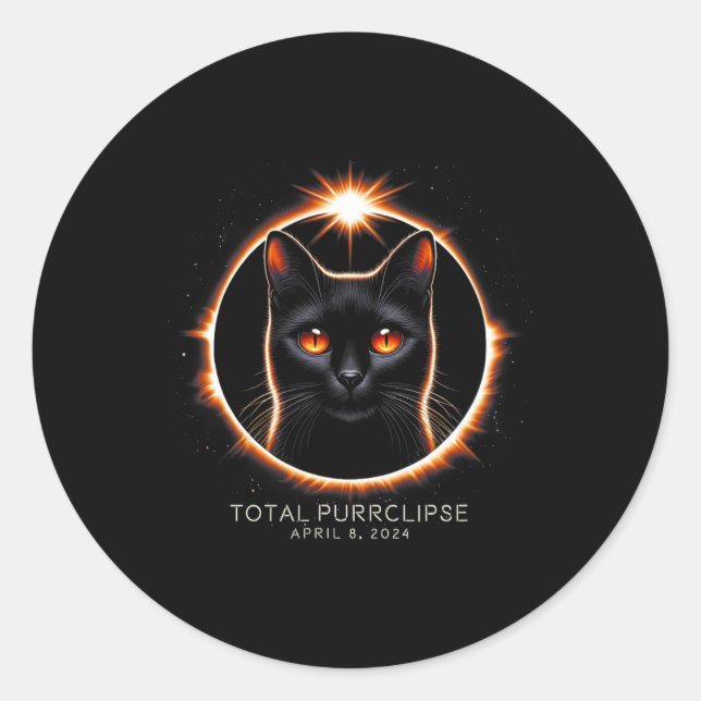 Total Solar Eclipse Fun Purrclipse Cat With Date  Classic Round Sticker (Front)