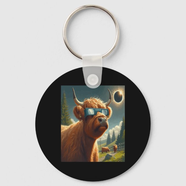 Total Solar Eclipse Highland Cow Wearing Sungles  Key Ring (Front)