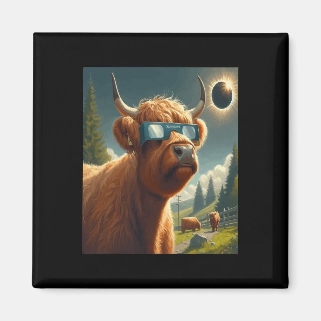 Total Solar Eclipse Highland Cow Wearing Sungles  Magnet (Front)