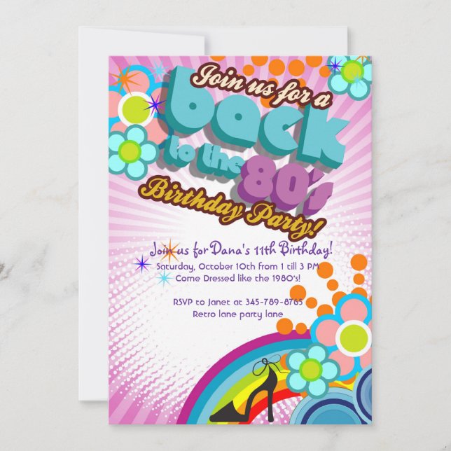 Totally 80's Birthday Bash girl party invitation (Front)