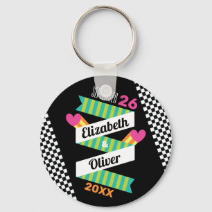 Totally 80s Stripes and Hearts Wedding Key Ring