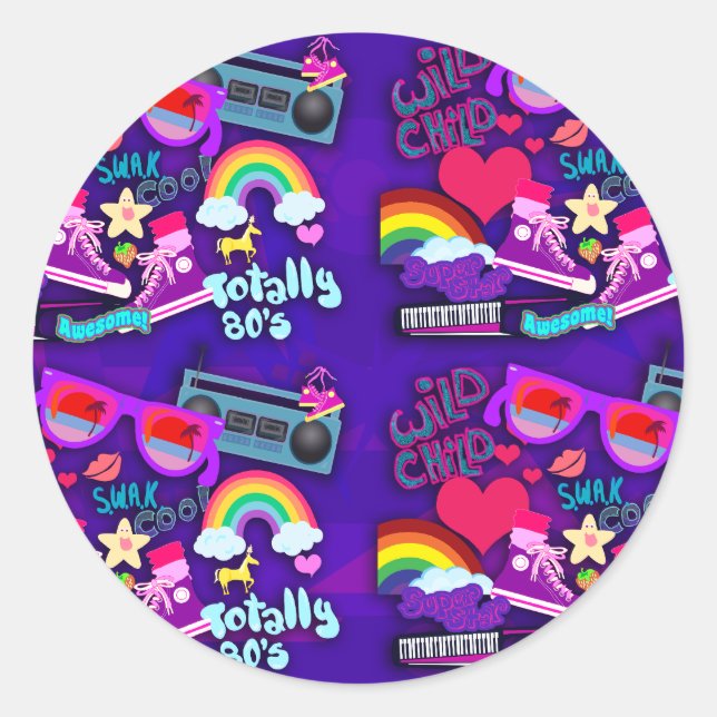 Totally Eighties Purple Collage Classic Round Sticker (Front)