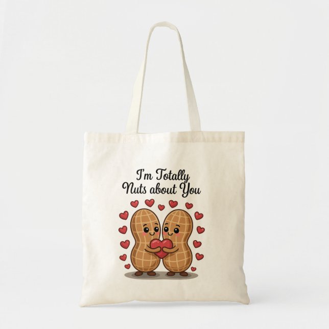 Totally Nuts About You – Cute Peanut Love Sticker Tote Bag (Front)