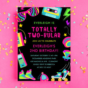 Totally Twobular Neon 80s Second Birthday Party  Invitation
