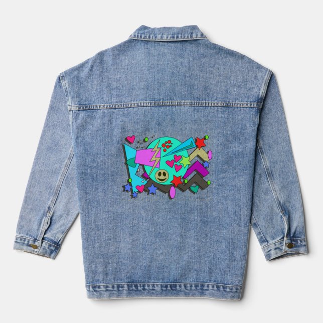 Totally Wild Cartoon 90s Flashback Comic Pattern Denim Jacket (Back)