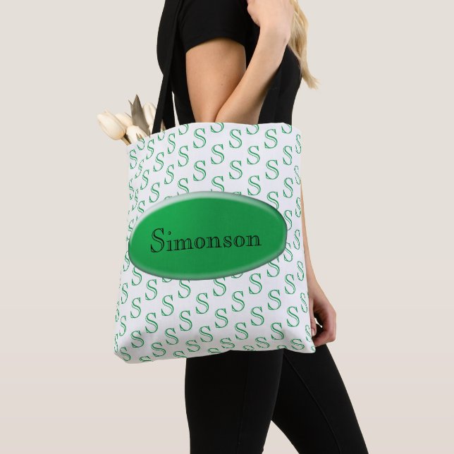 Tote Bag (ao) - Green Nameplate and Initial (Close Up)
