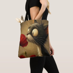 Tote Bag, Black & White Cat Red Flower Bag