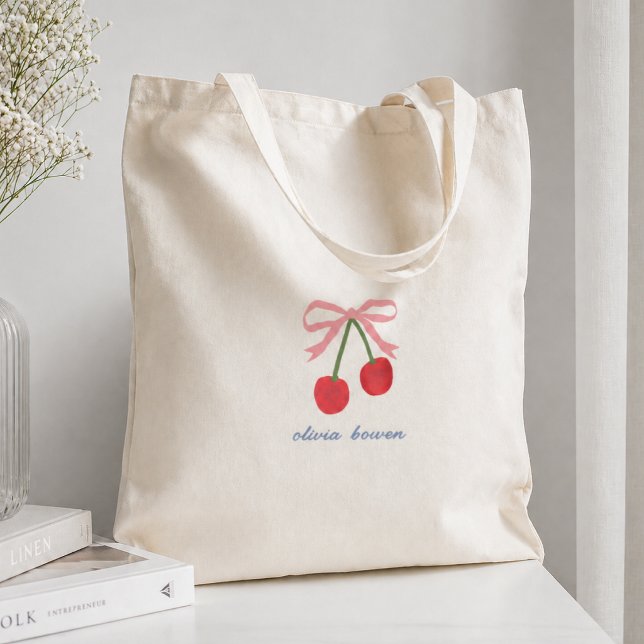 Tote Bag | Cherry Coquette Bow Cute Illustration (A cute design tote bag with coquette bow and cherries, perfect for gifting or as an everyday shopper)