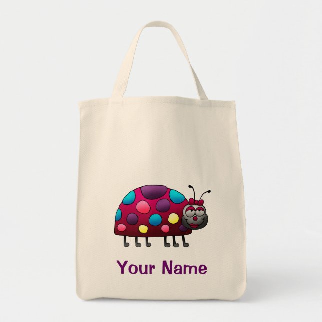 Tote Bag, Cute Ladybug Cartoon, Use Your Name! (Front)