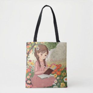 Tote bag Girl writing in a flower field