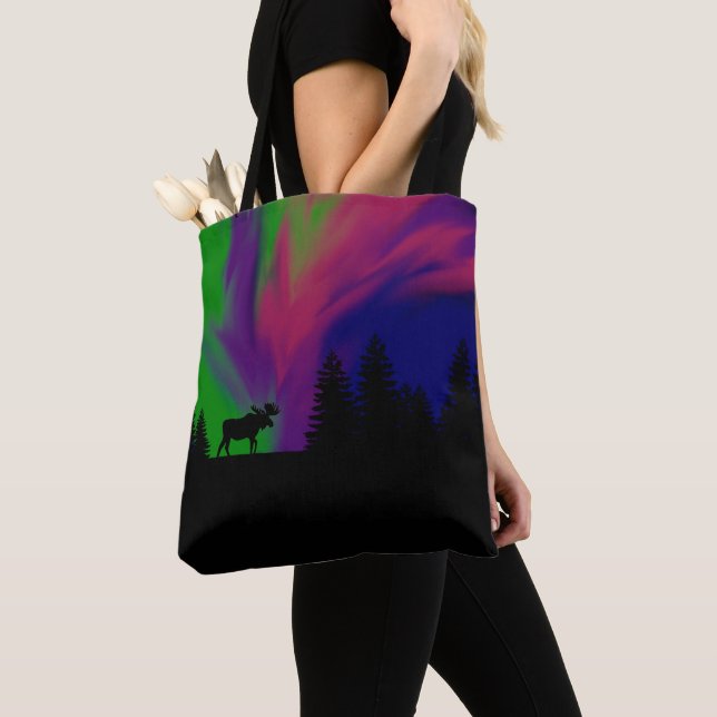 Tote Bag Northern Lights with Moose (Close Up)