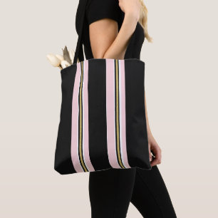 Tote Bag, Pink & White Gold Black Stripe Vertical Bag