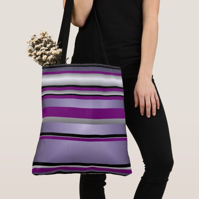 Tote Bag Purple Grey Black White Stripe Pattern (Close Up)