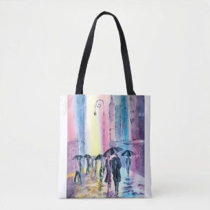 Tote Bag with a scene of a Couple walking in rain