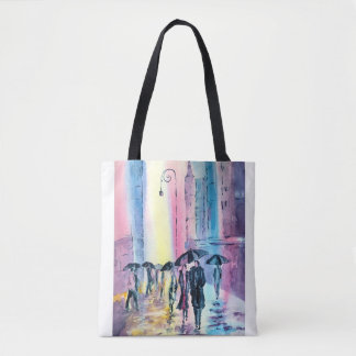 Tote Bag with a scene of a Couple walking in rain