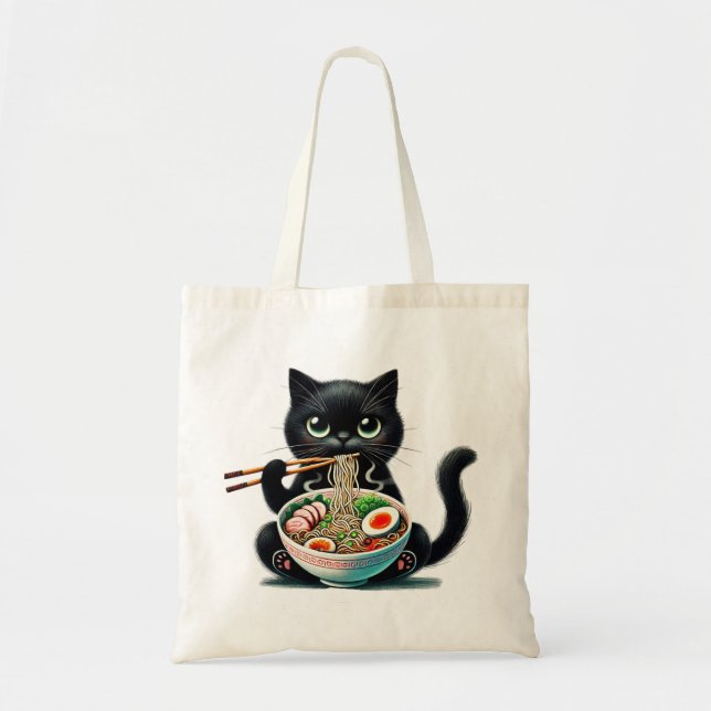 Tote Bag with Cute Cat Enjoying Ramen (Front)