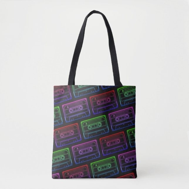 Tote Bag With Neon Multicolor Cassette Pattern (Front)