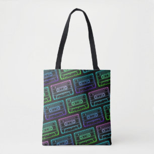 Tote Bag With Neon Multicolor Cassette Pattern