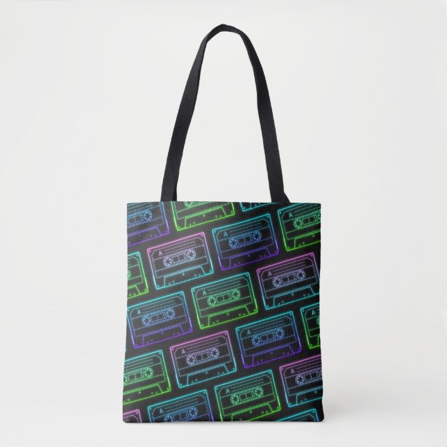 Tote Bag With Neon Multicolor Cassette Pattern (Front)