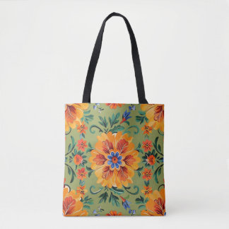 Tote bag with orange flowers on sage green