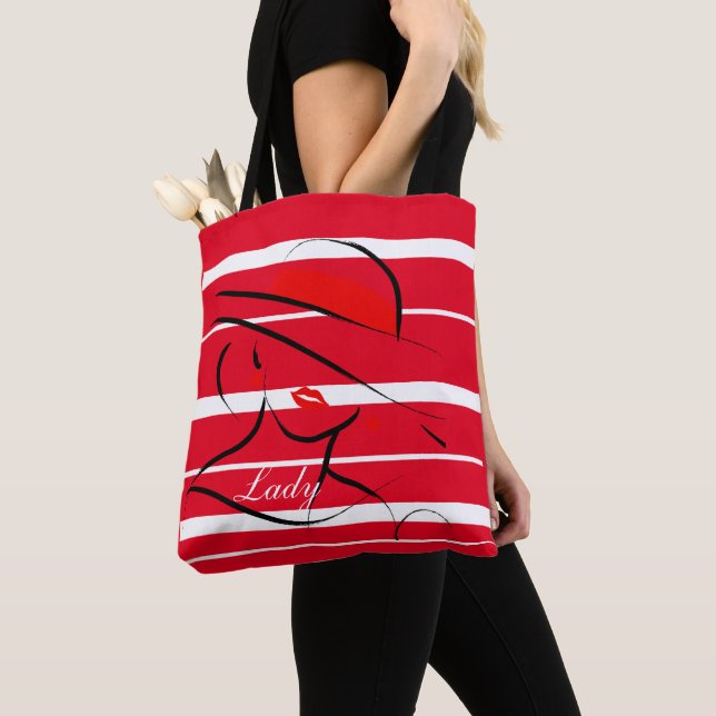 tote bag with stripes and lady design. (Close Up)