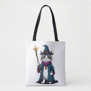 Tote Mini wizard cat with magical staff Bag