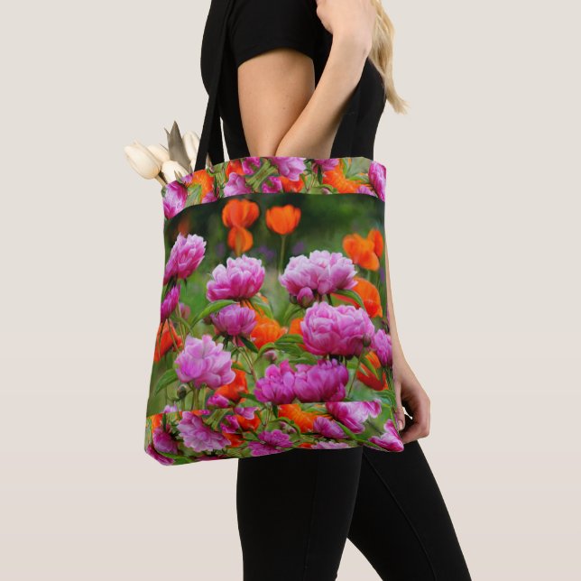 Tote - Pink Peonies & Orange Poppies. (Close Up)