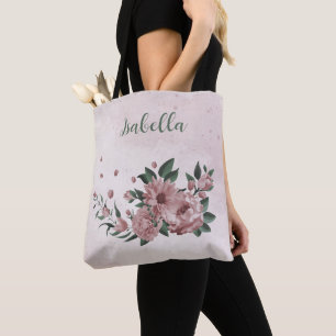 Tote romantic pink flowers & green leaves bag