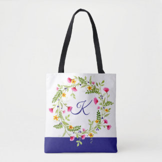 TOTE W/ INITIAL FLOWER WREATH WATERCOLOR PURPLE BAG