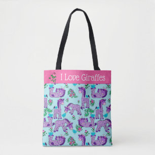 Tote Whimsical Baby Giraffes in Purple, Teal Pink Bag