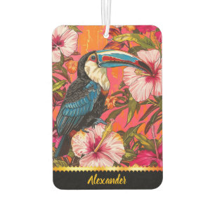Toucan among tropical hibiscus flowers car air freshener