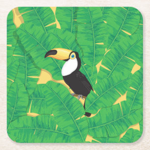 Toucan and banana leaves square paper coaster