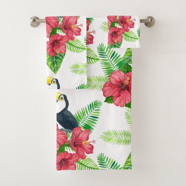 Toucan and tropical bouquet bath towel set (Insitu)